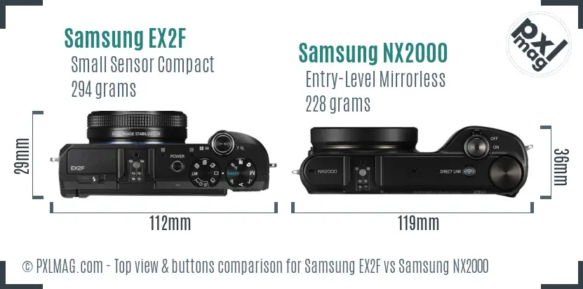 Samsung EX2F vs Samsung NX2000 top view buttons comparison