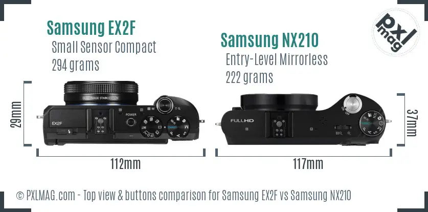 Samsung EX2F vs Samsung NX210 top view buttons comparison