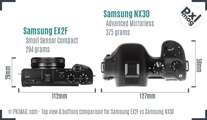 Samsung EX2F vs Samsung NX30 top view buttons comparison