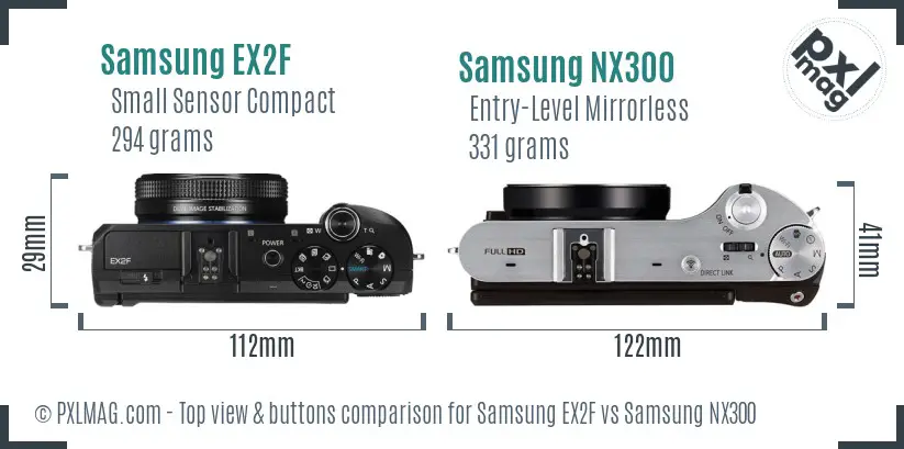 Samsung EX2F vs Samsung NX300 top view buttons comparison