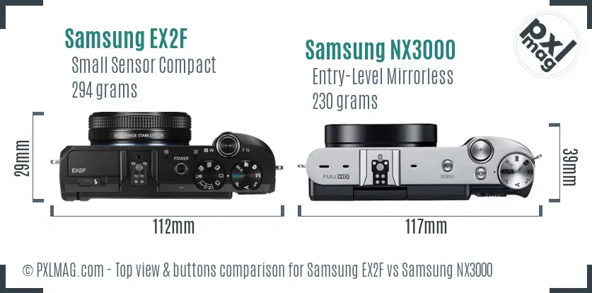 Samsung EX2F vs Samsung NX3000 top view buttons comparison