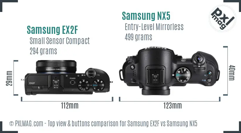 Samsung EX2F vs Samsung NX5 top view buttons comparison