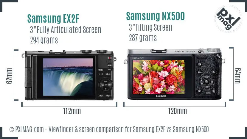 Samsung EX2F vs Samsung NX500 Screen and Viewfinder comparison