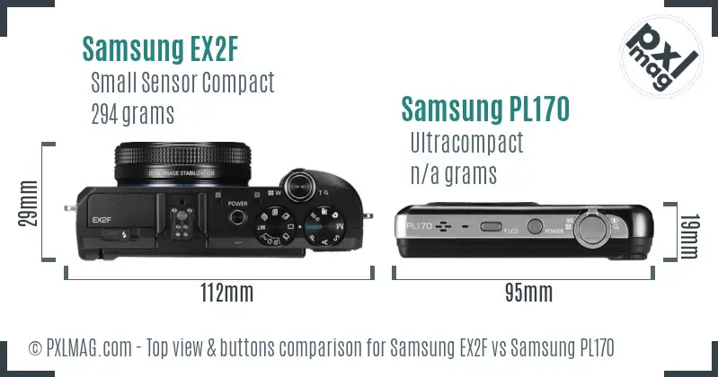 Samsung EX2F vs Samsung PL170 top view buttons comparison Samsung EX2F vs Samsung PL170 top view buttons comparison