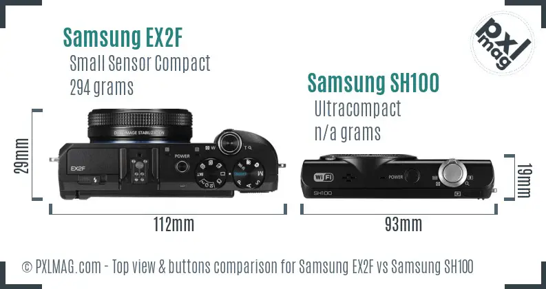 Samsung EX2F vs Samsung SH100 top view buttons comparison