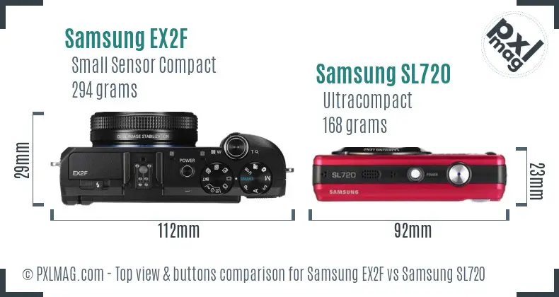 Samsung EX2F vs Samsung SL720 top view buttons comparison