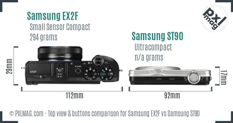 Samsung EX2F vs Samsung ST90 top view buttons comparison Samsung EX2F vs Samsung ST90 top view buttons comparison