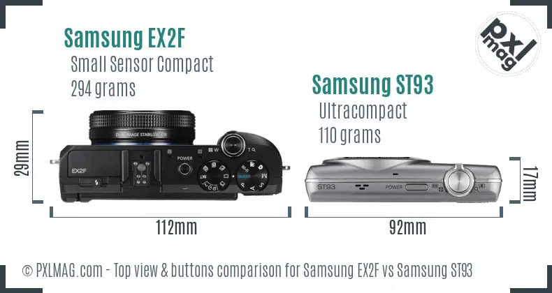 Samsung EX2F vs Samsung ST93 top view buttons comparison Samsung EX2F vs Samsung ST93 top view buttons comparison