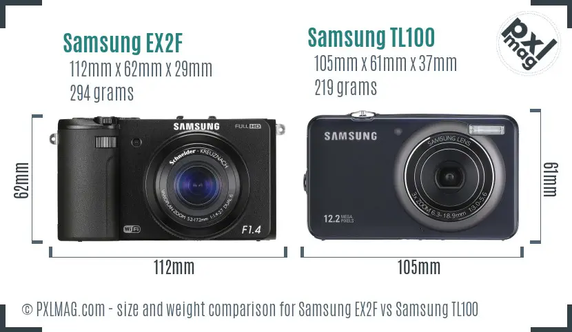 Samsung EX2F vs Samsung TL100 size comparison