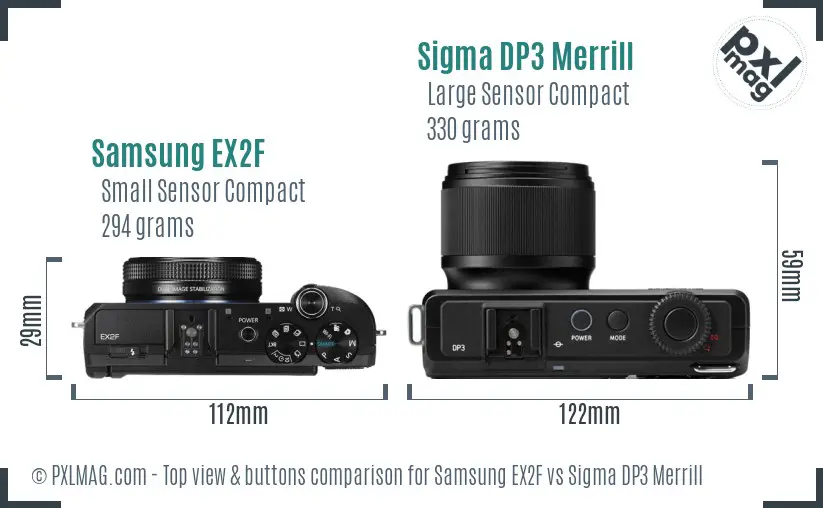 Samsung EX2F vs Sigma DP3 Merrill top view buttons comparison