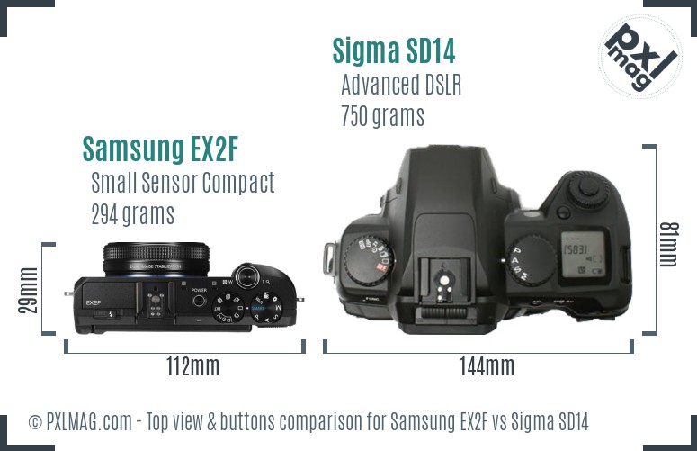 Samsung EX2F vs Sigma SD14 top view buttons comparison