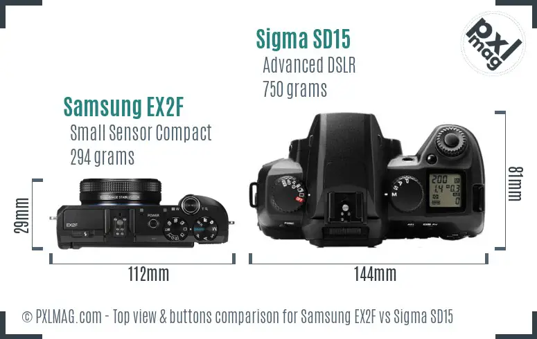 Samsung EX2F vs Sigma SD15 top view buttons comparison