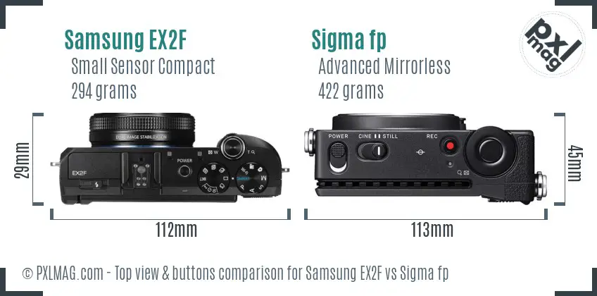 Samsung EX2F vs Sigma fp top view buttons comparison