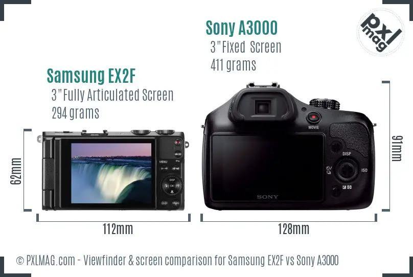 Samsung EX2F vs Sony A3000 Screen and Viewfinder comparison