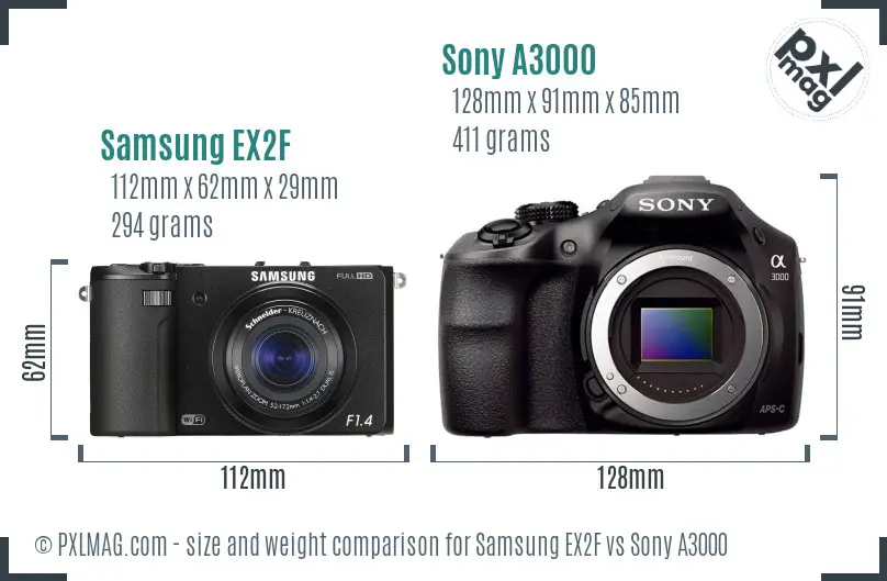 Samsung EX2F vs Sony A3000 size comparison