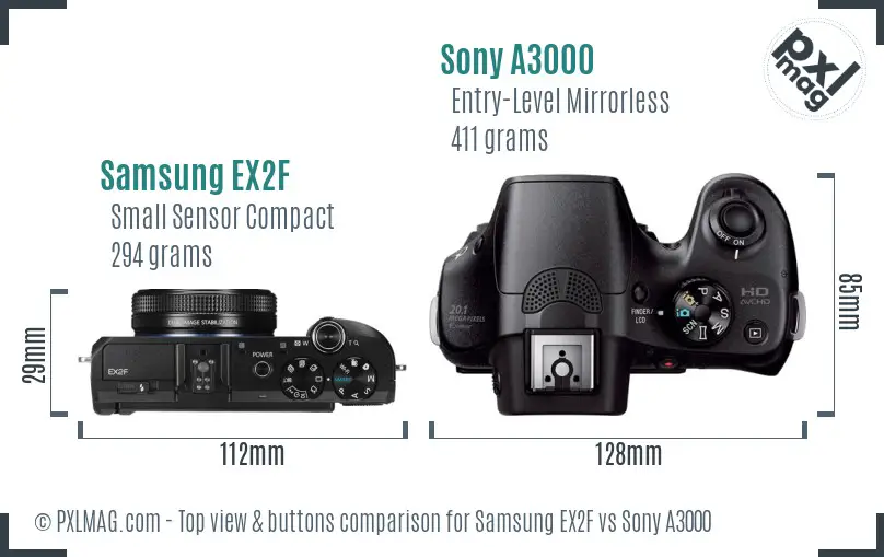 Samsung EX2F vs Sony A3000 top view buttons comparison