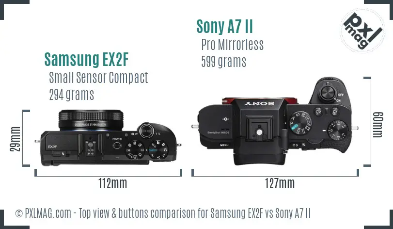 Samsung EX2F vs Sony A7 II top view buttons comparison