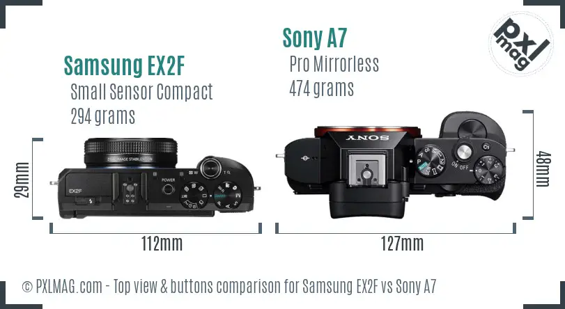 Samsung EX2F vs Sony A7 top view buttons comparison