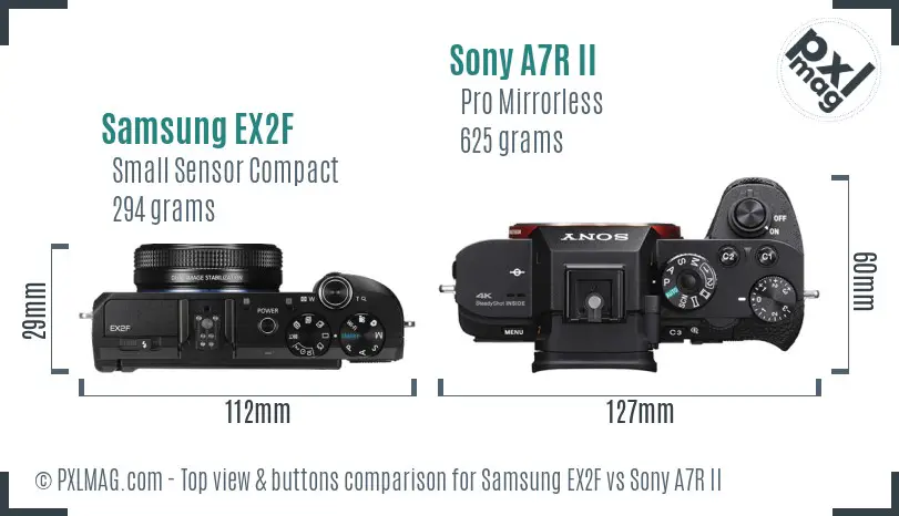 Samsung EX2F vs Sony A7R II top view buttons comparison