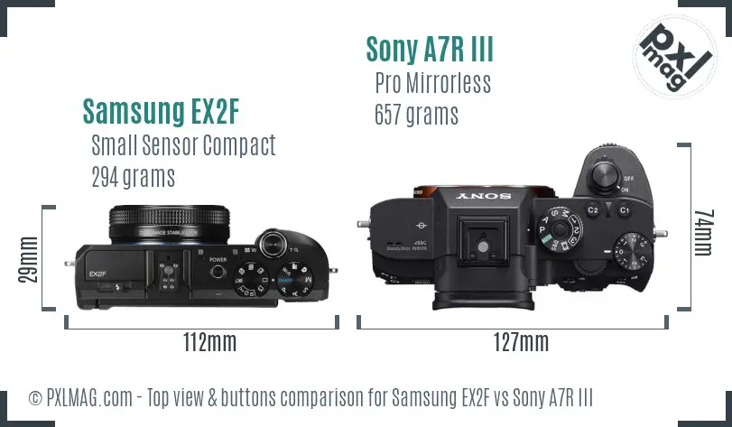 Samsung EX2F vs Sony A7R III top view buttons comparison