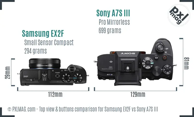 Samsung EX2F vs Sony A7S III top view buttons comparison