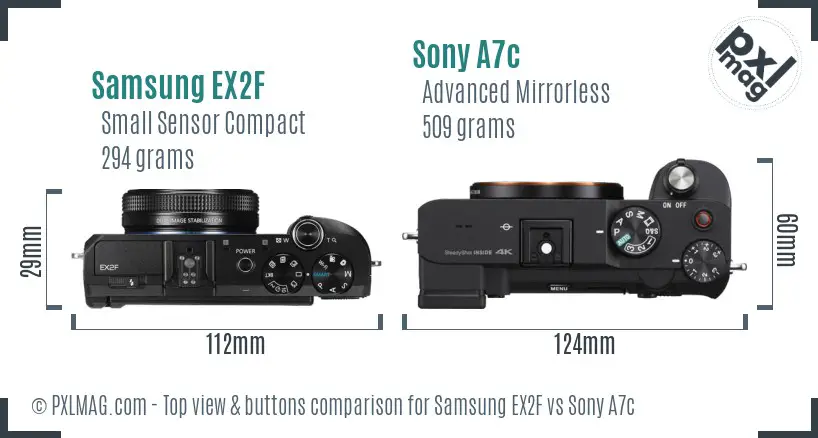 Samsung EX2F vs Sony A7c top view buttons comparison