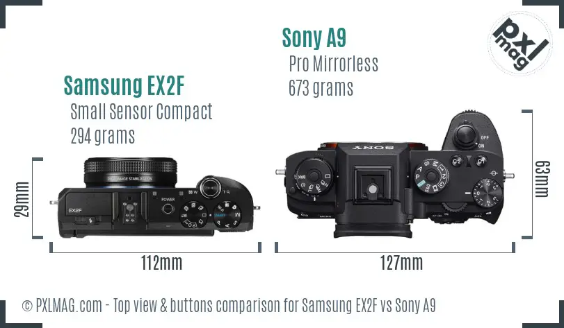 Samsung EX2F vs Sony A9 top view buttons comparison