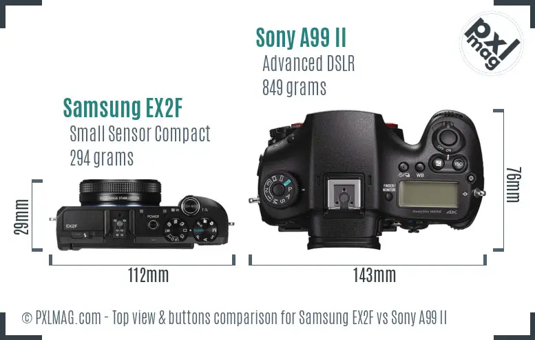 Samsung EX2F vs Sony A99 II top view buttons comparison