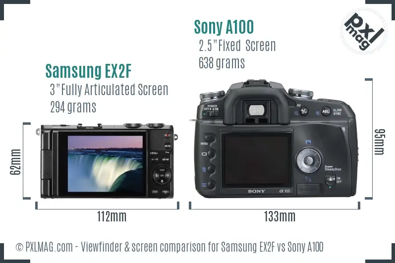 Samsung EX2F vs Sony A100 Screen and Viewfinder comparison