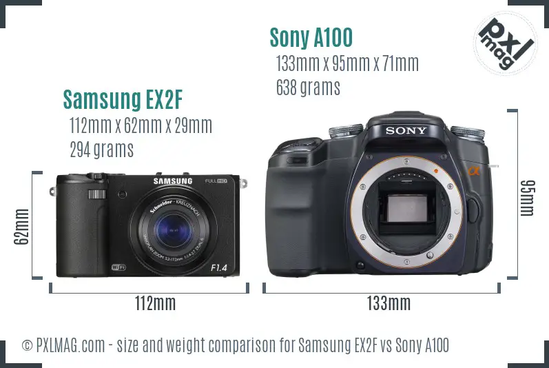 Samsung EX2F vs Sony A100 size comparison