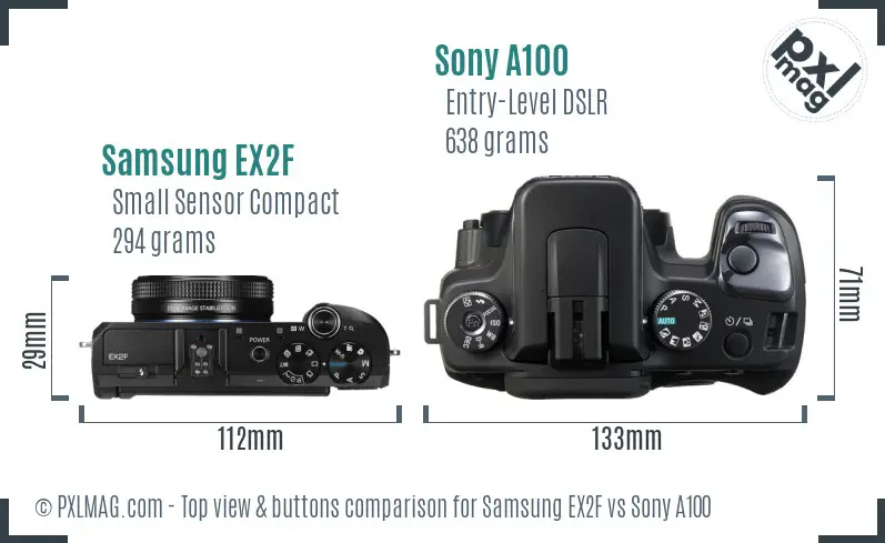 Samsung EX2F vs Sony A100 top view buttons comparison