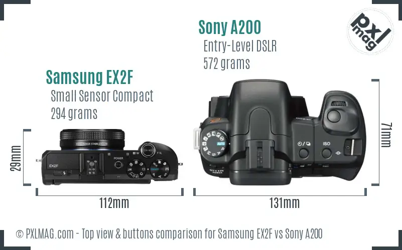 Samsung EX2F vs Sony A200 top view buttons comparison