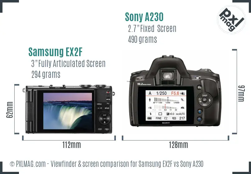 Samsung EX2F vs Sony A230 Screen and Viewfinder comparison