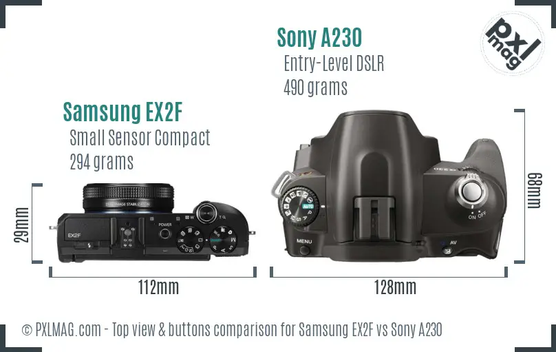 Samsung EX2F vs Sony A230 top view buttons comparison