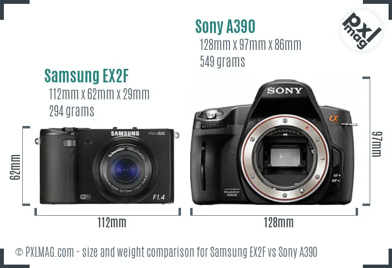 Samsung EX2F vs Sony A390 size comparison