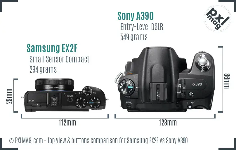 Samsung EX2F vs Sony A390 top view buttons comparison
