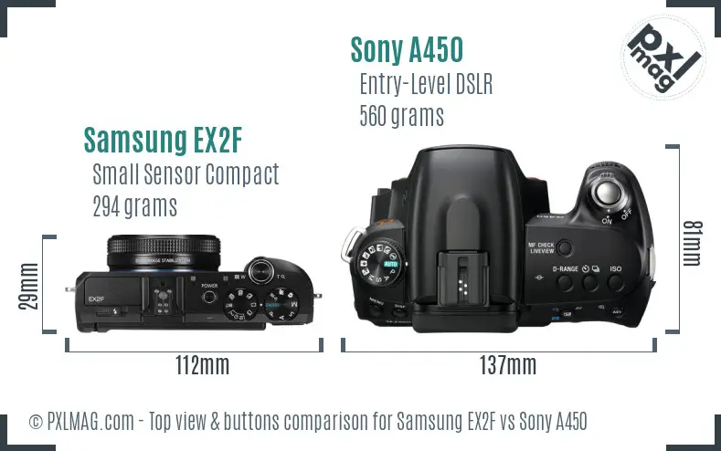 Samsung EX2F vs Sony A450 top view buttons comparison