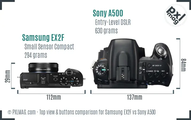 Samsung EX2F vs Sony A500 top view buttons comparison