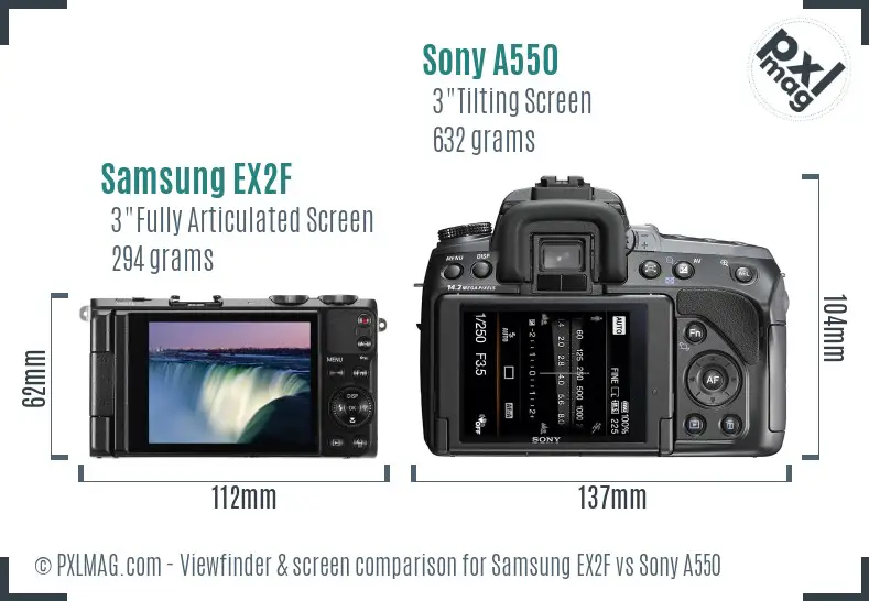 Samsung EX2F vs Sony A550 Screen and Viewfinder comparison