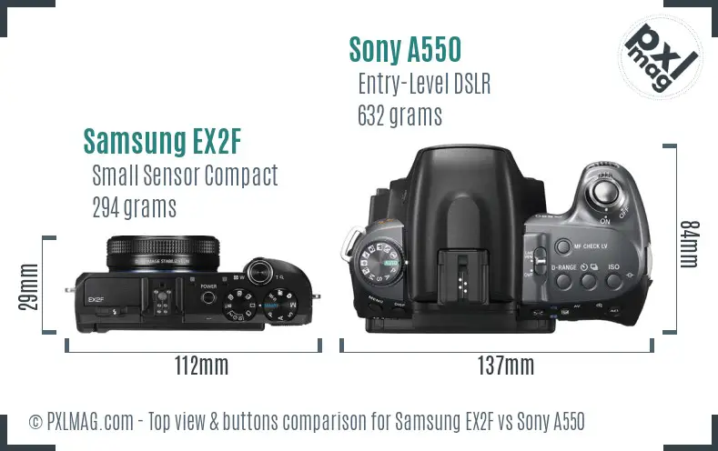 Samsung EX2F vs Sony A550 top view buttons comparison