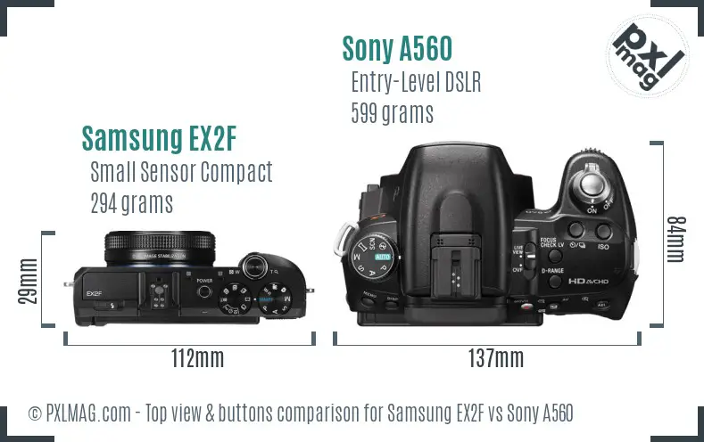 Samsung EX2F vs Sony A560 top view buttons comparison