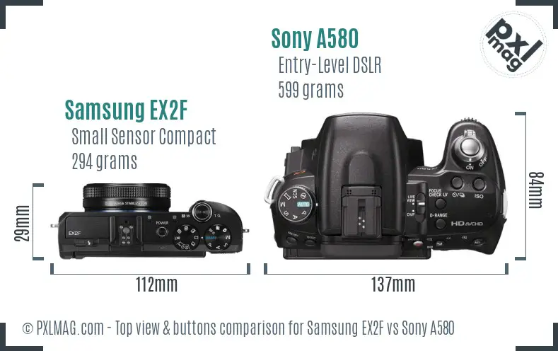 Samsung EX2F vs Sony A580 top view buttons comparison