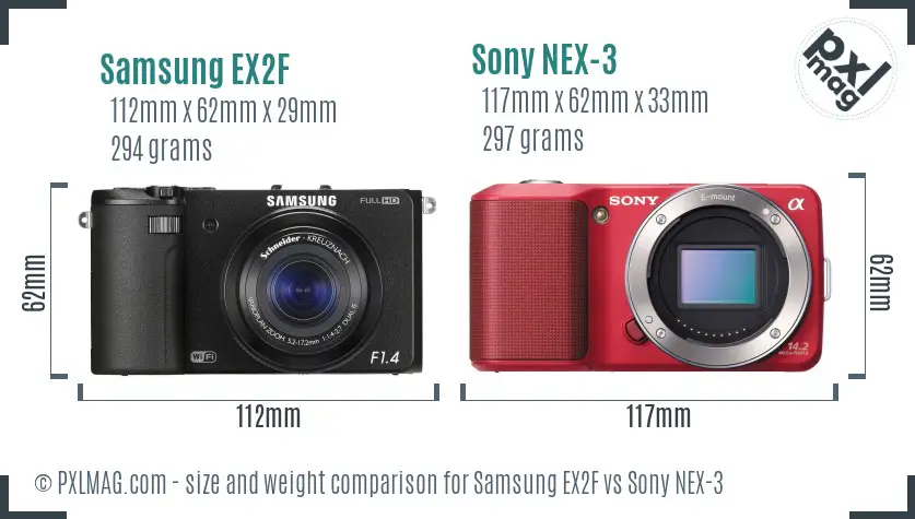 Samsung EX2F vs Sony NEX-3 size comparison