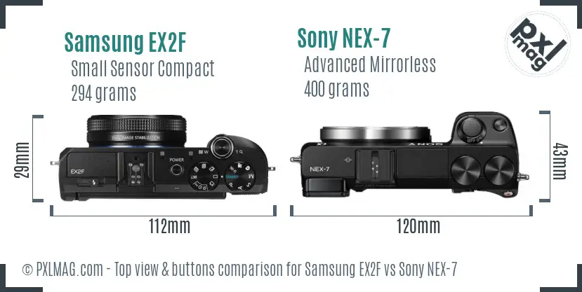 Samsung EX2F vs Sony NEX-7 top view buttons comparison