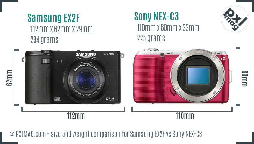 Samsung EX2F vs Sony NEX-C3 size comparison