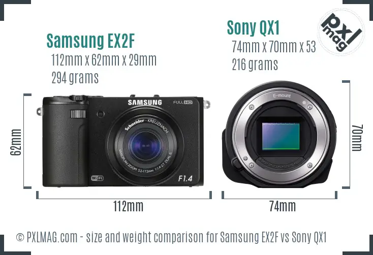 Samsung EX2F vs Sony QX1 size comparison