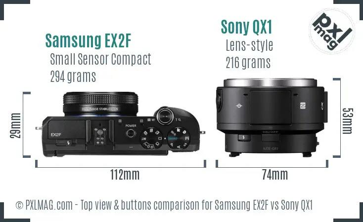 Samsung EX2F vs Sony QX1 top view buttons comparison