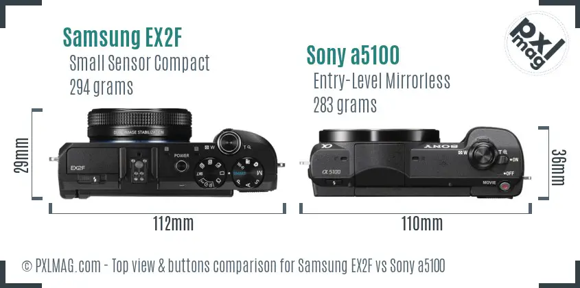 Samsung EX2F vs Sony a5100 top view buttons comparison