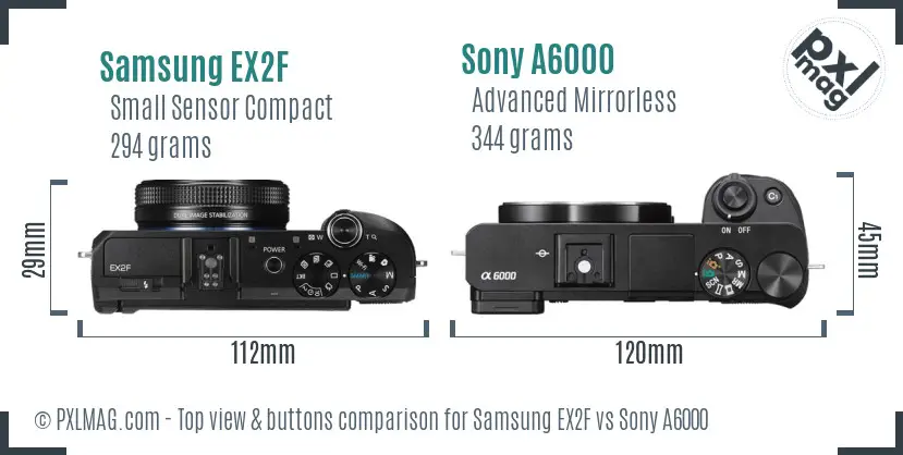 Samsung EX2F vs Sony A6000 top view buttons comparison