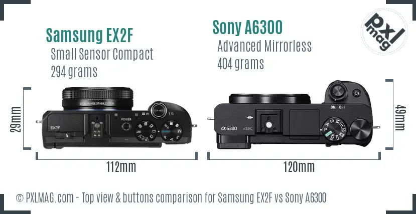 Samsung EX2F vs Sony A6300 top view buttons comparison